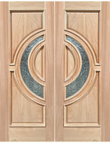 Exterior double solid wood entry doors with classic panel design and crescent glass