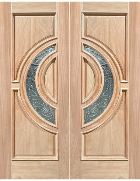 Exterior double solid wood entry doors with classic panel design and crescent glass