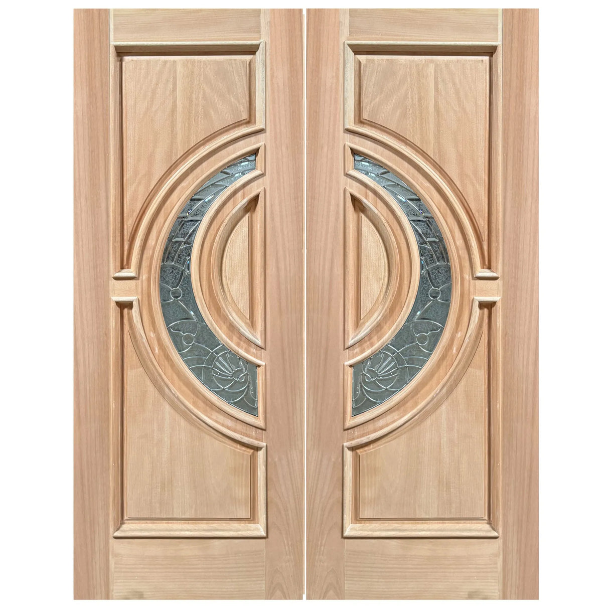 Exterior double solid wood entry doors with classic panel design and crescent glass