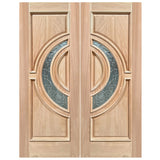 Exterior double solid wood entry doors with classic panel design and crescent glass