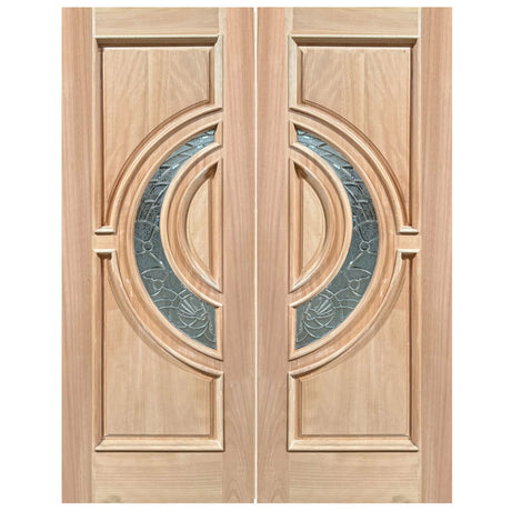 Exterior double solid wood entry doors with classic panel design and crescent glass