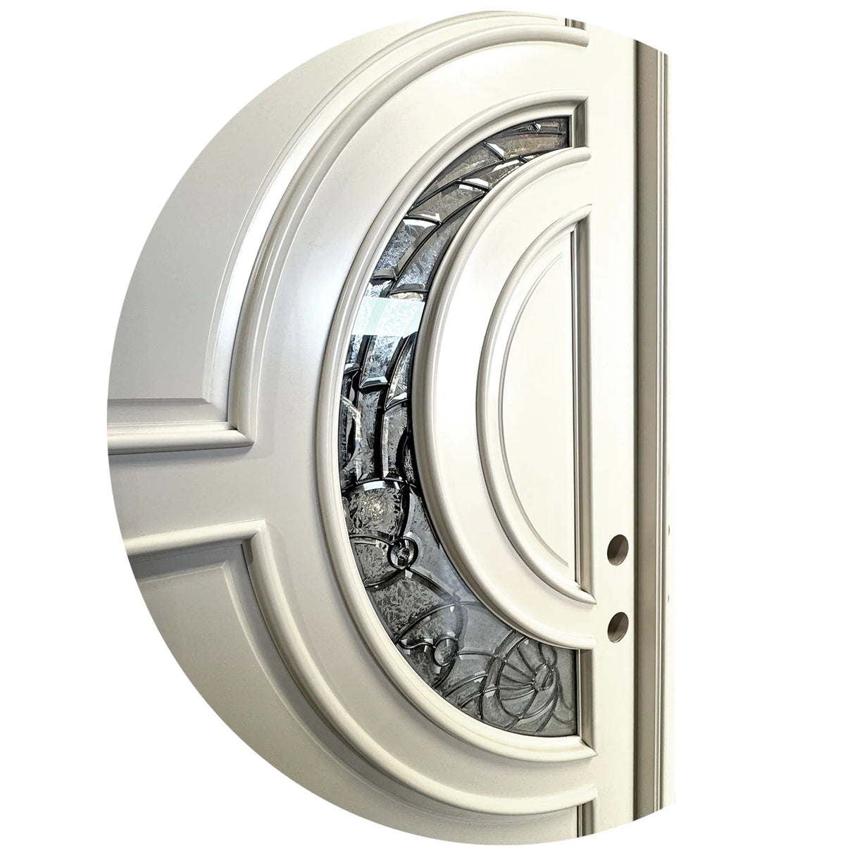 Close-up of crescent glass inserts on white entry door showing curved decorative detail