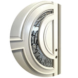 Close-up of crescent glass inserts on white entry door showing curved decorative detail