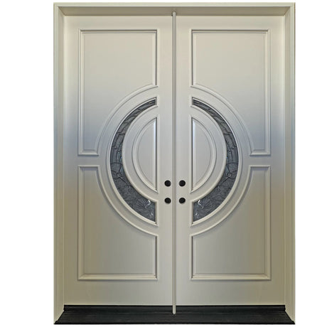 White double front entry door with crescent glass panels and classic design, straight-on view