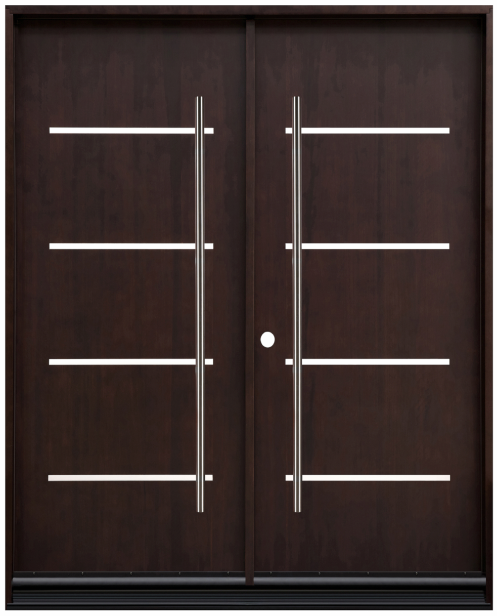 Double front entry door with solid panel design and natural wood finish, straight-on exterior view