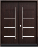Double front entry door with solid panel design and natural wood finish, straight-on exterior view