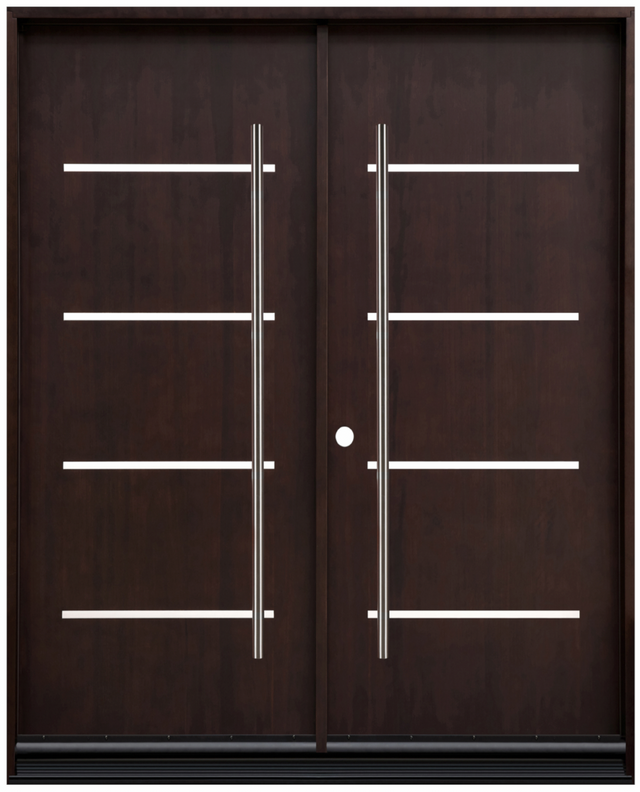 Double front entry door with solid panel design and natural wood finish, straight-on exterior view