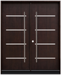 Double front entry door with solid panel design and natural wood finish, straight-on exterior view
