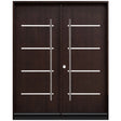 Double front entry door with solid panel design and natural wood finish, straight-on exterior view