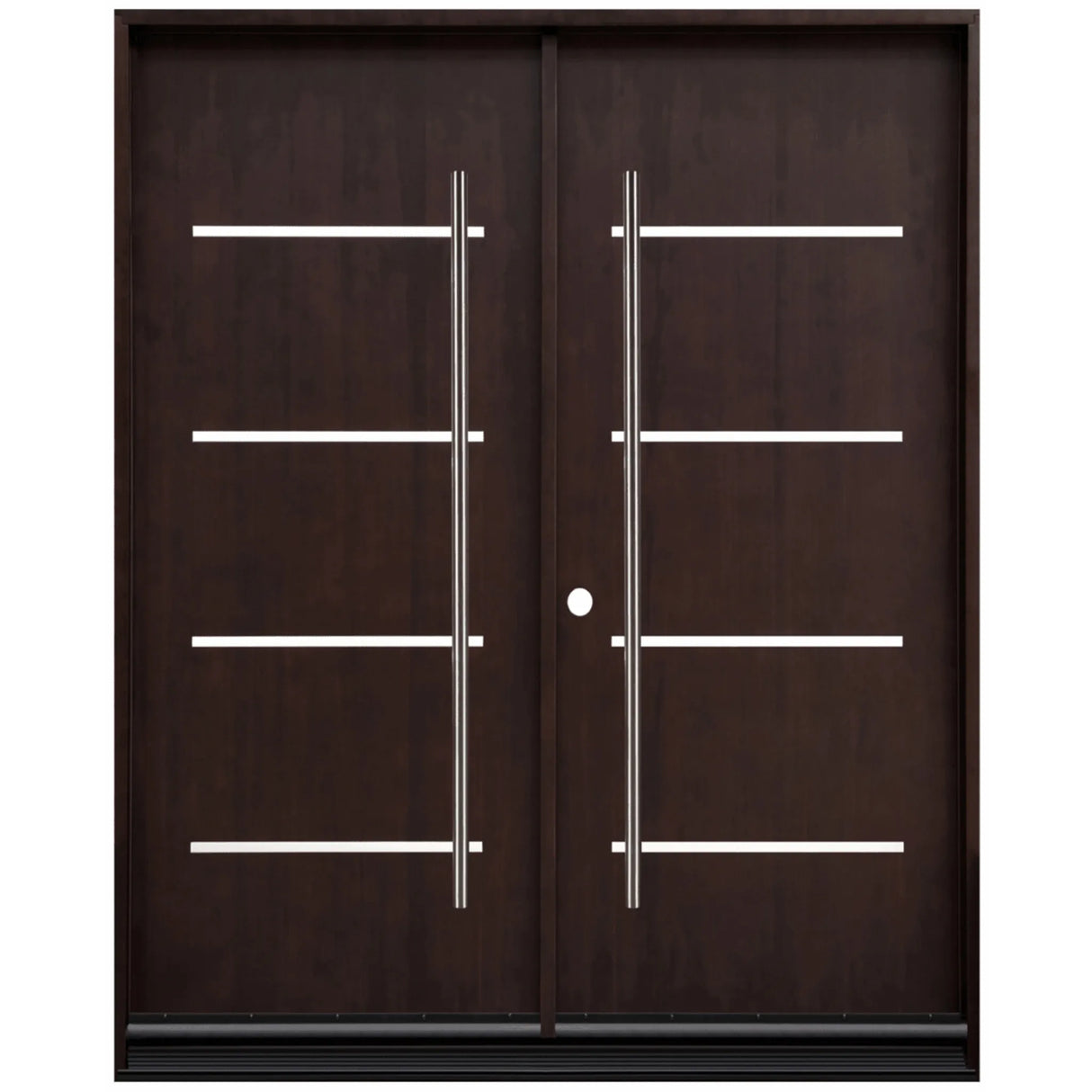 Double front entry door with solid panel design and natural wood finish, straight-on exterior view