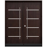 Double front entry door with solid panel design and natural wood finish, straight-on exterior view
