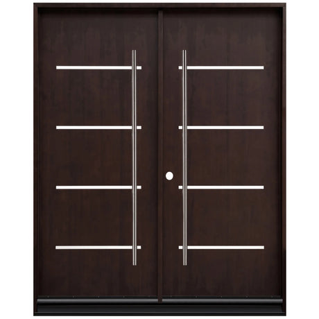 Double front entry door with solid panel design and natural wood finish, straight-on exterior view