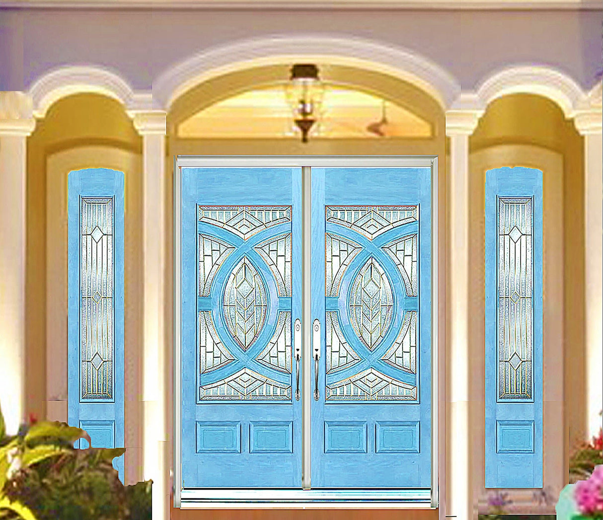 Exterior double solid wood entry doors with sidelights and classic panel design