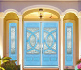 Exterior double solid wood entry doors with sidelights and classic panel design