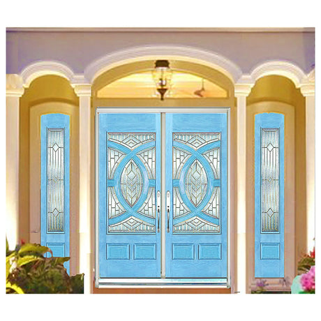 Exterior double solid wood entry doors with sidelights and classic panel 