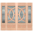 A slab wood entry door with decorative glass panels 