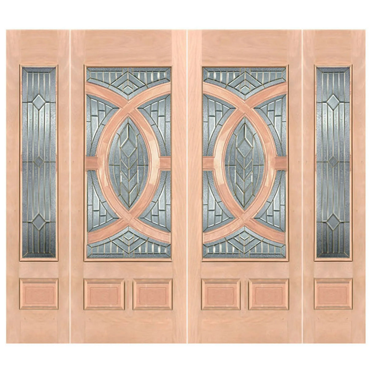 A slab wood entry door with decorative glass panels 