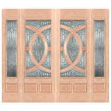 A slab wood entry door with decorative glass panels 