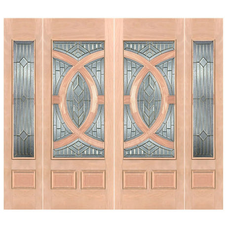 A slab wood entry door with decorative glass panels 