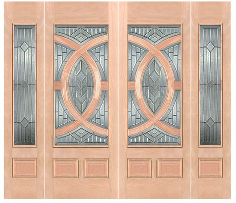 Exterior double solid wood entry doors with sidelights and classic panel design