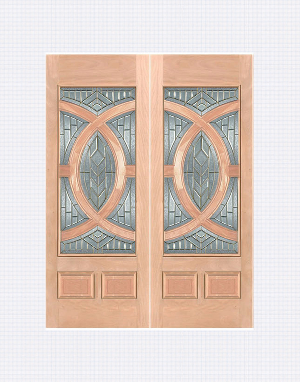Exterior double solid wood entry doors with classic panel design, front view