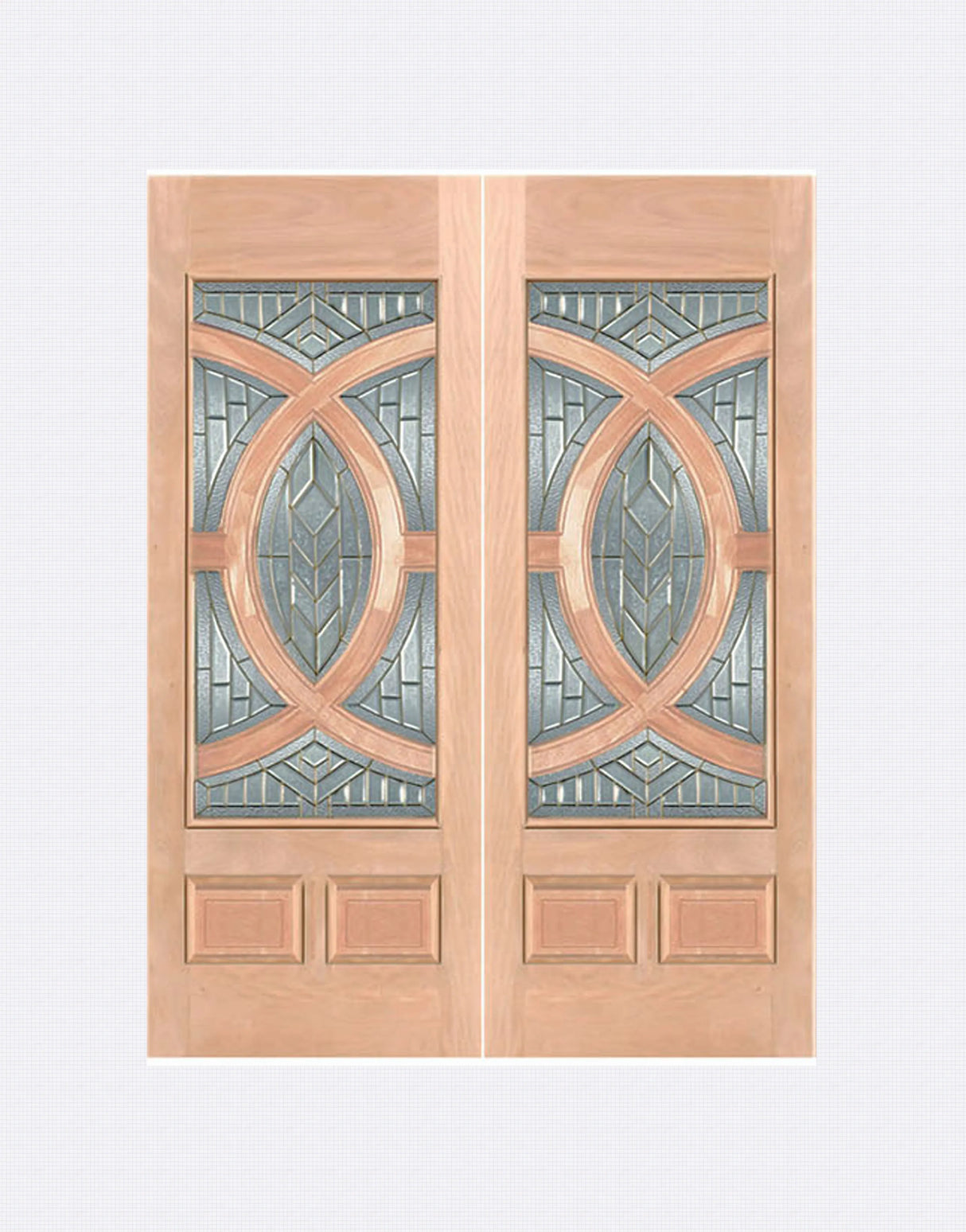 Exterior double solid wood entry doors with classic panel design, front view