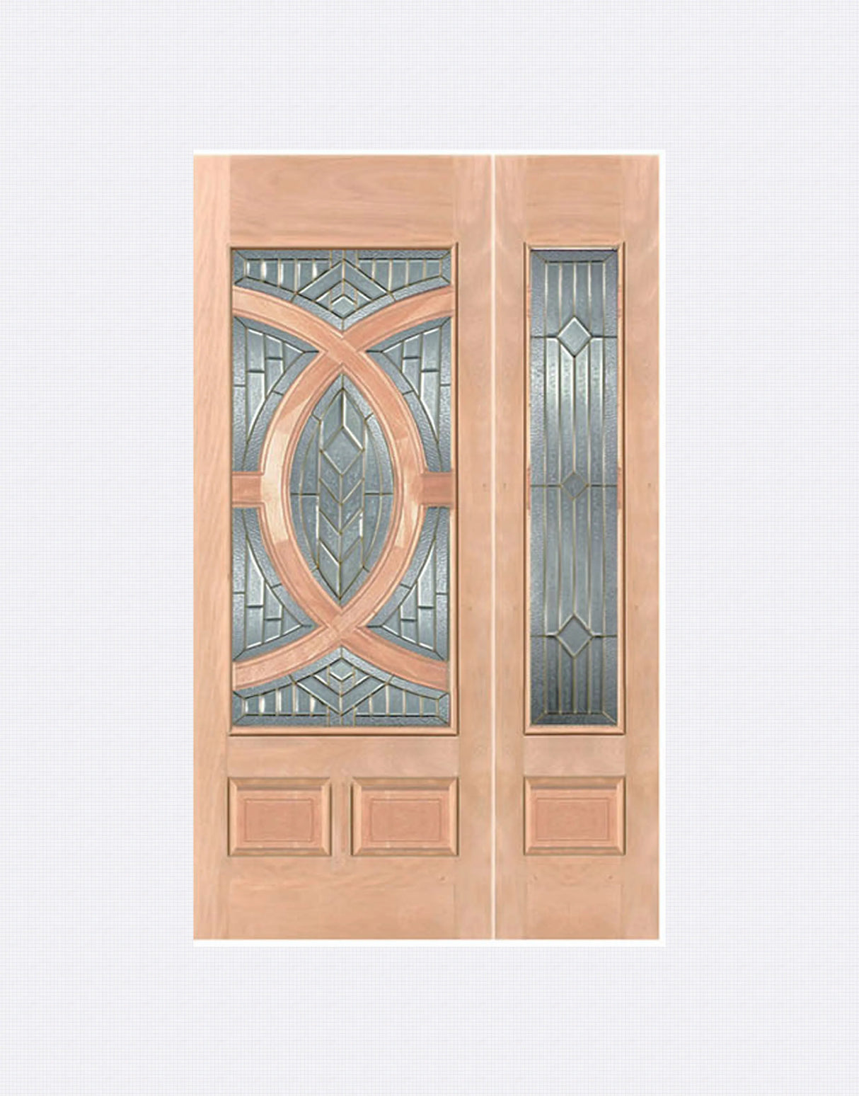 Exterior solid wood entry door with one sidelight and classic panel design