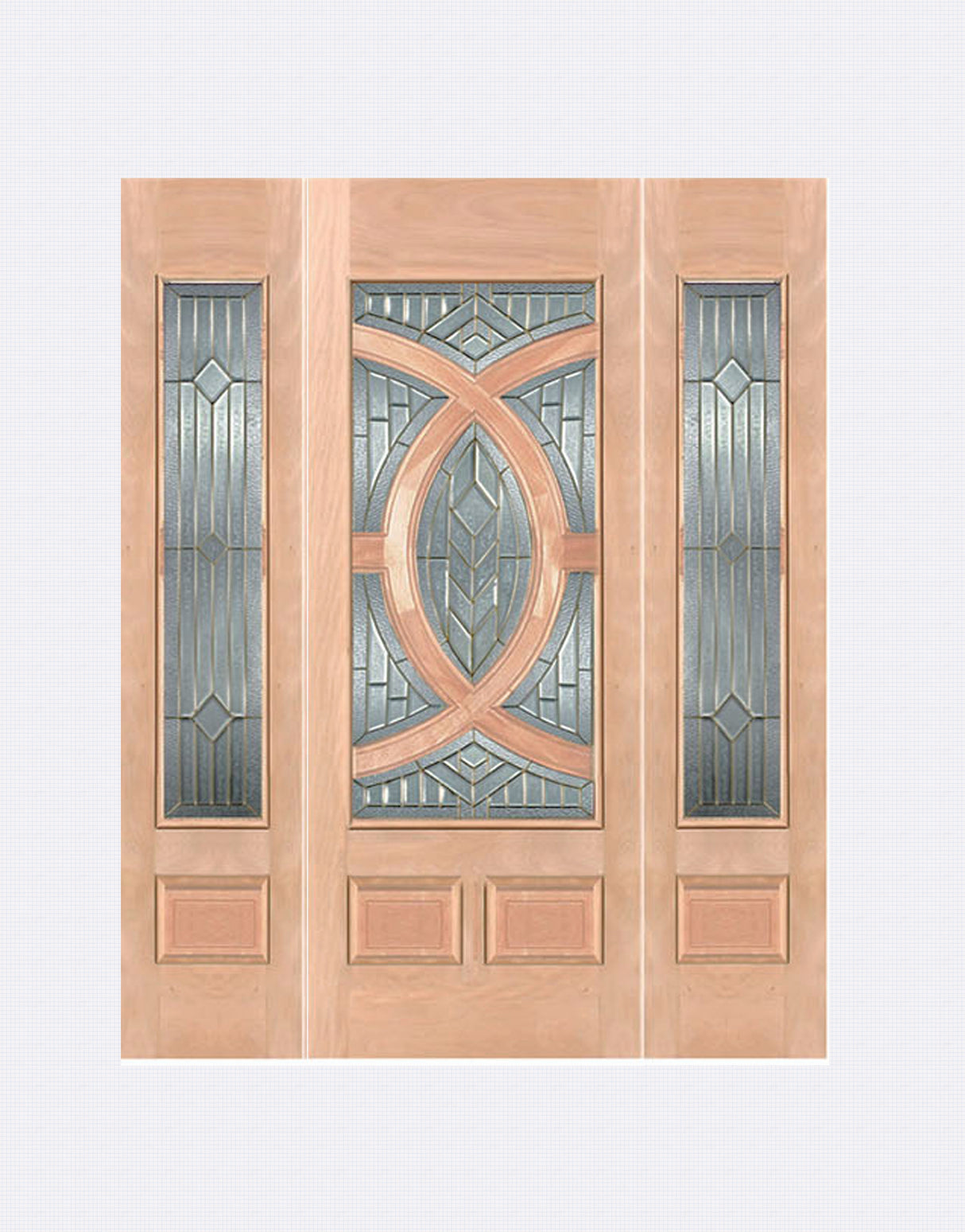 Exterior solid wood entry door with two sidelights and classic panel design