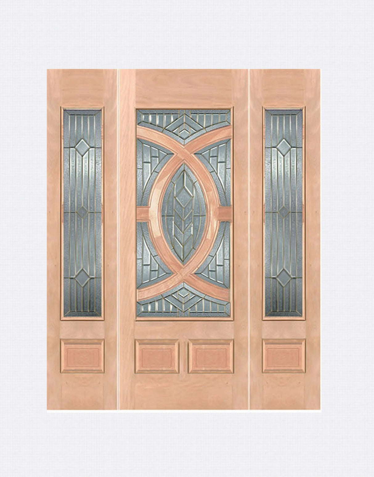 Exterior solid wood entry door with two sidelights and classic panel design