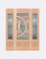 Exterior solid wood entry door with two sidelights and classic panel design