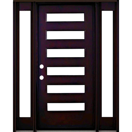 Front entry door with two sidelights and solid panel design, modern exterior front view