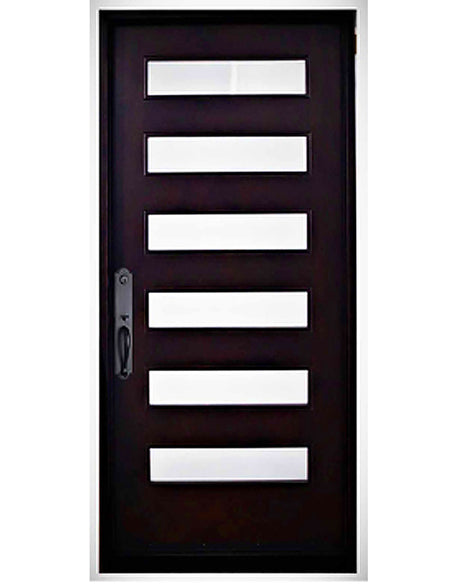 Single front entry door with solid panel design and clean classic look, straight-on view