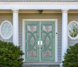Double solid wood entry doors with decorative panel layout green