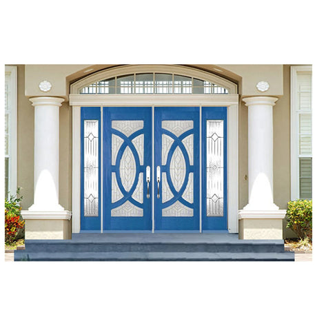 Double solid wood entry doors with sidelights decorative panel layout blue