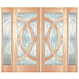 Double solid wood entry doors with sidelights and decorative panel layout