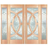 Double solid wood entry doors with sidelights and decorative panel layout