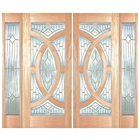 Double solid wood entry doors with sidelights and decorative panel layout