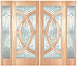 Double solid wood entry doors with sidelights and decorative panel layout