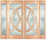 Double solid wood entry doors with sidelights and decorative panel layout