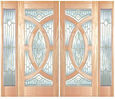 Double solid wood entry doors with sidelights and decorative panel layout