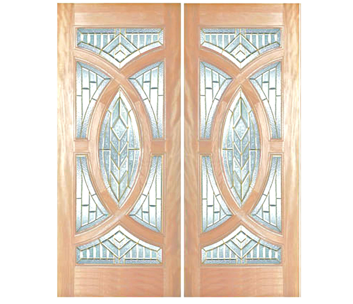 Double solid wood entry doors with decorative panel layout