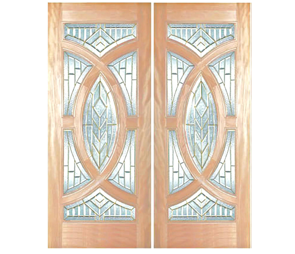 Double solid wood entry doors with decorative panel layout