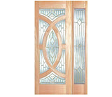 Solid wood slab entry door with decorative panel design and sidelight