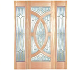 Solid wood slab entry door with decorative panel design and sidelights
