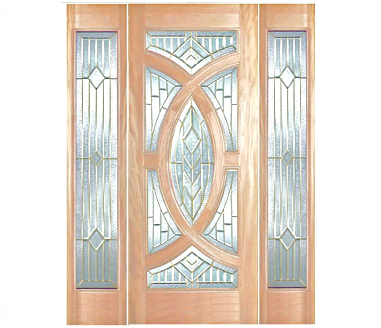 Solid wood slab entry door with decorative panel design and sidelights