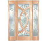 Solid wood slab entry door with decorative panel design and sidelights