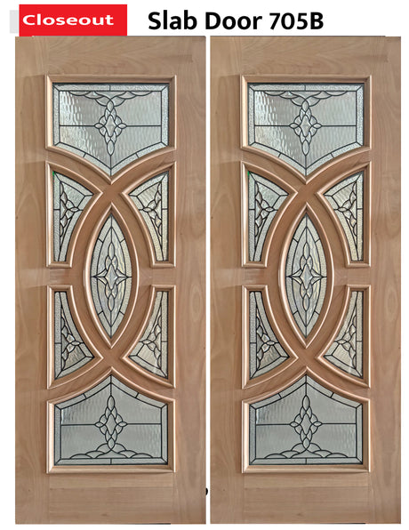 Exterior double solid wood entry doors with classic panel design, front view