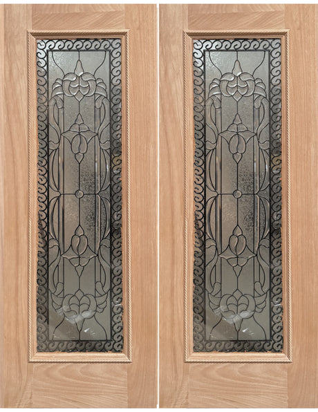 Exterior double solid wood entry doors with classic panel design, front view