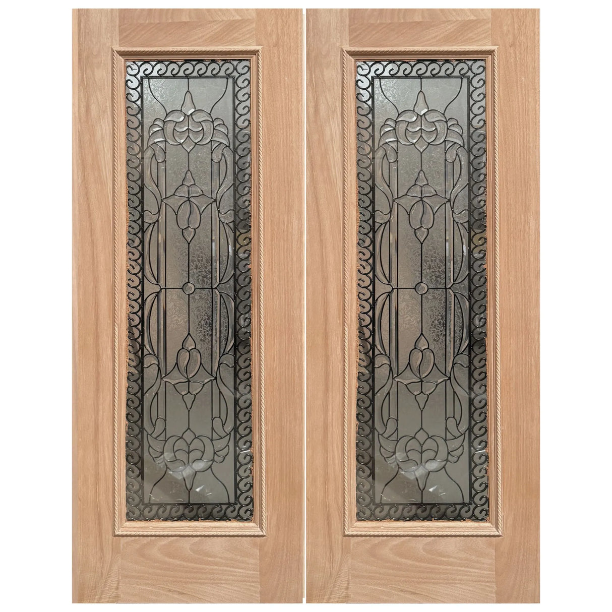 Exterior double solid wood entry doors with classic panel design, front view