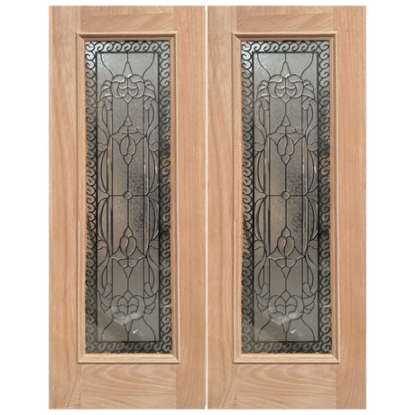 Exterior double solid wood entry doors with classic panel design, front view